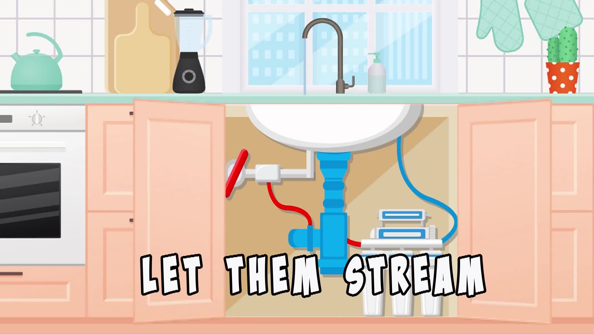 Kitchen sink cabinets open showing the exposed pipes