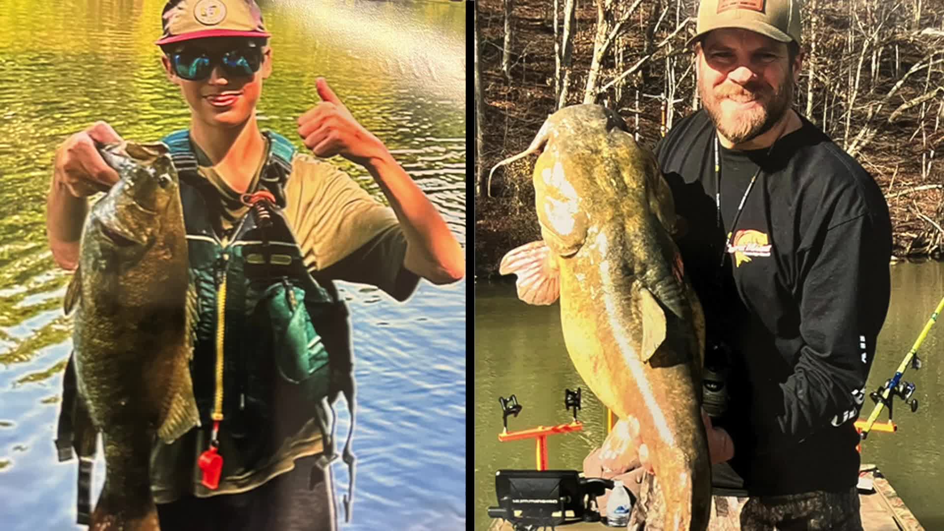 Two pictures of people holding fish caught on a lake