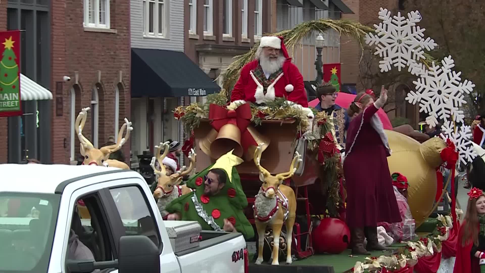 Santa and his elves on his sleigh in the Christmas Parade