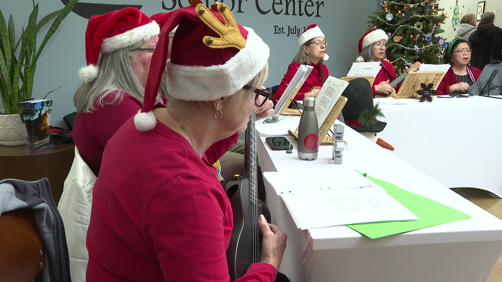 Adults playing Ukuleles  