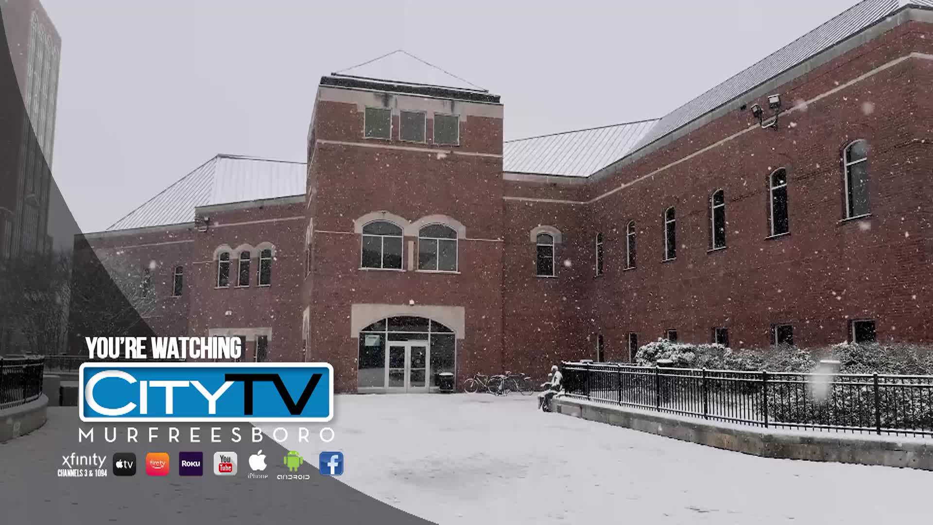 Shot of Linebaugh Library during a snowstorm