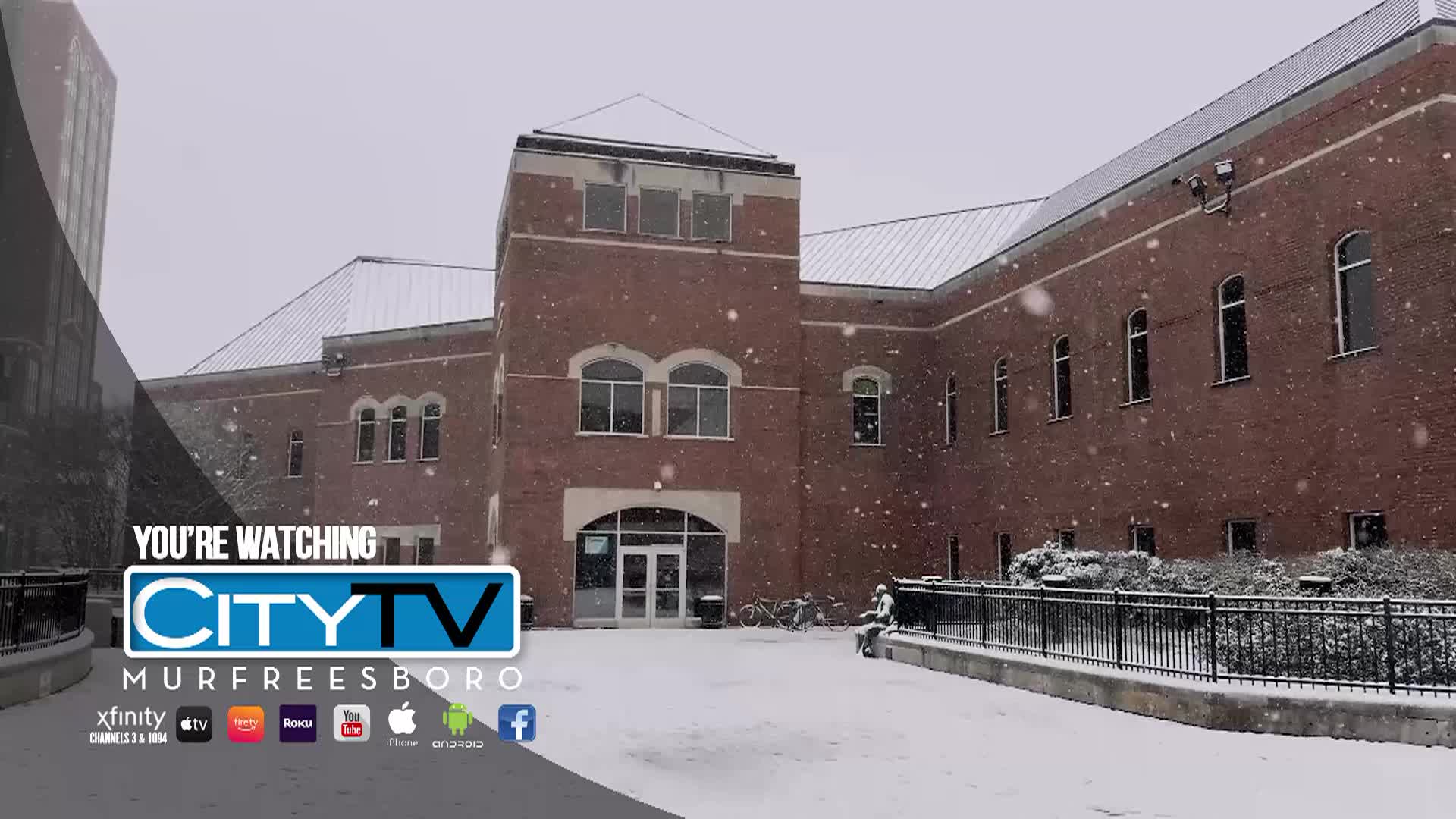 Shot of Linebaugh Library during a snowstorm