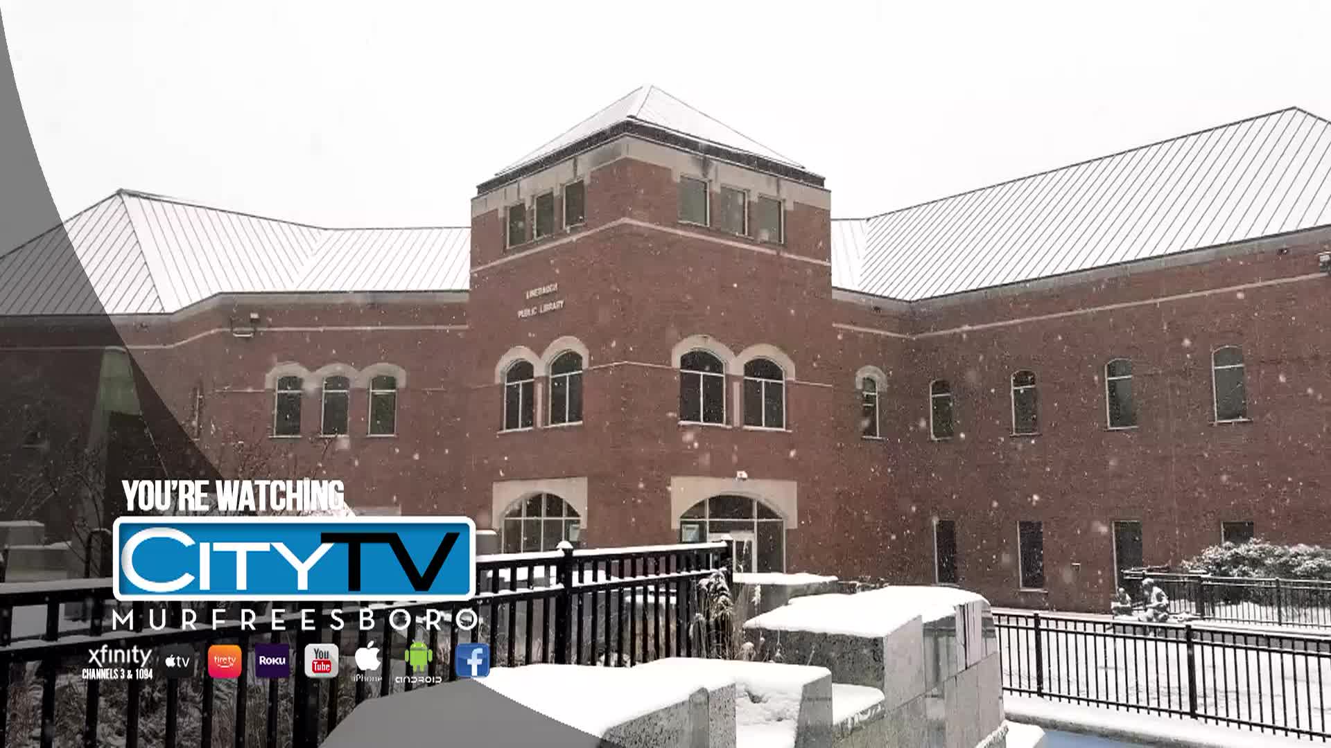 Shot of Linebaugh Library during a snowstorm